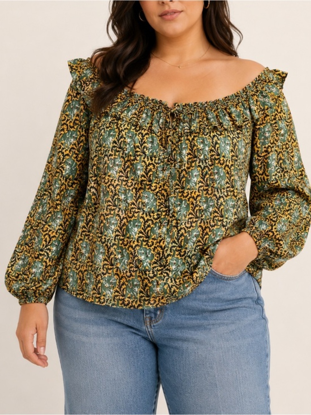 J.Crew Ratti Elephant Print Boho Peasant Blouse Green Gold Off Shoulder Top